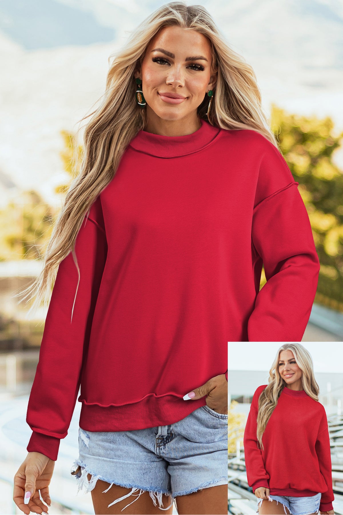 Bluing Oversize Drop Shoulder Reversible Mock Neck Sweatshirt