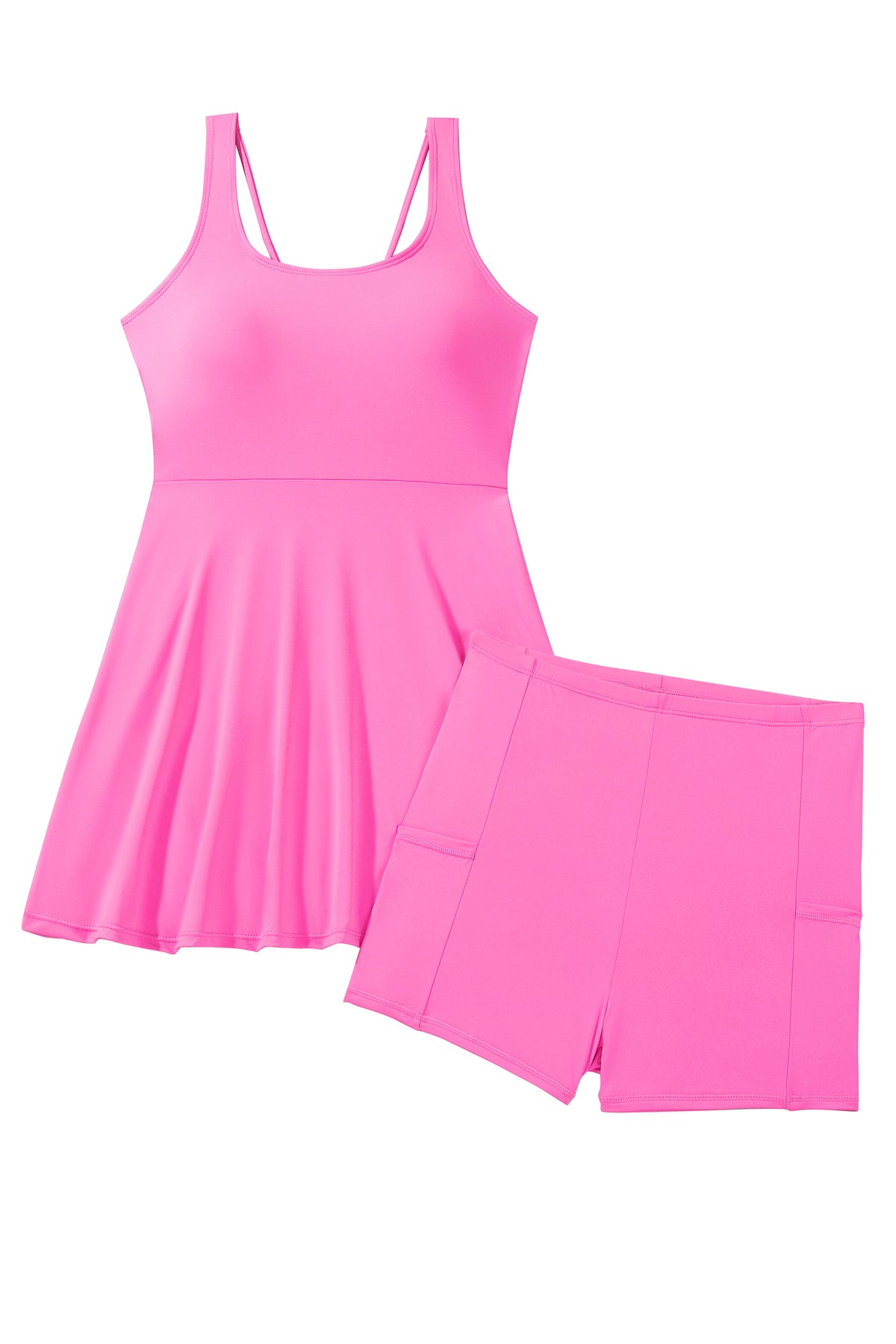 Bright Pink Twisted Strappy Back Active Mini Dress with Shorts