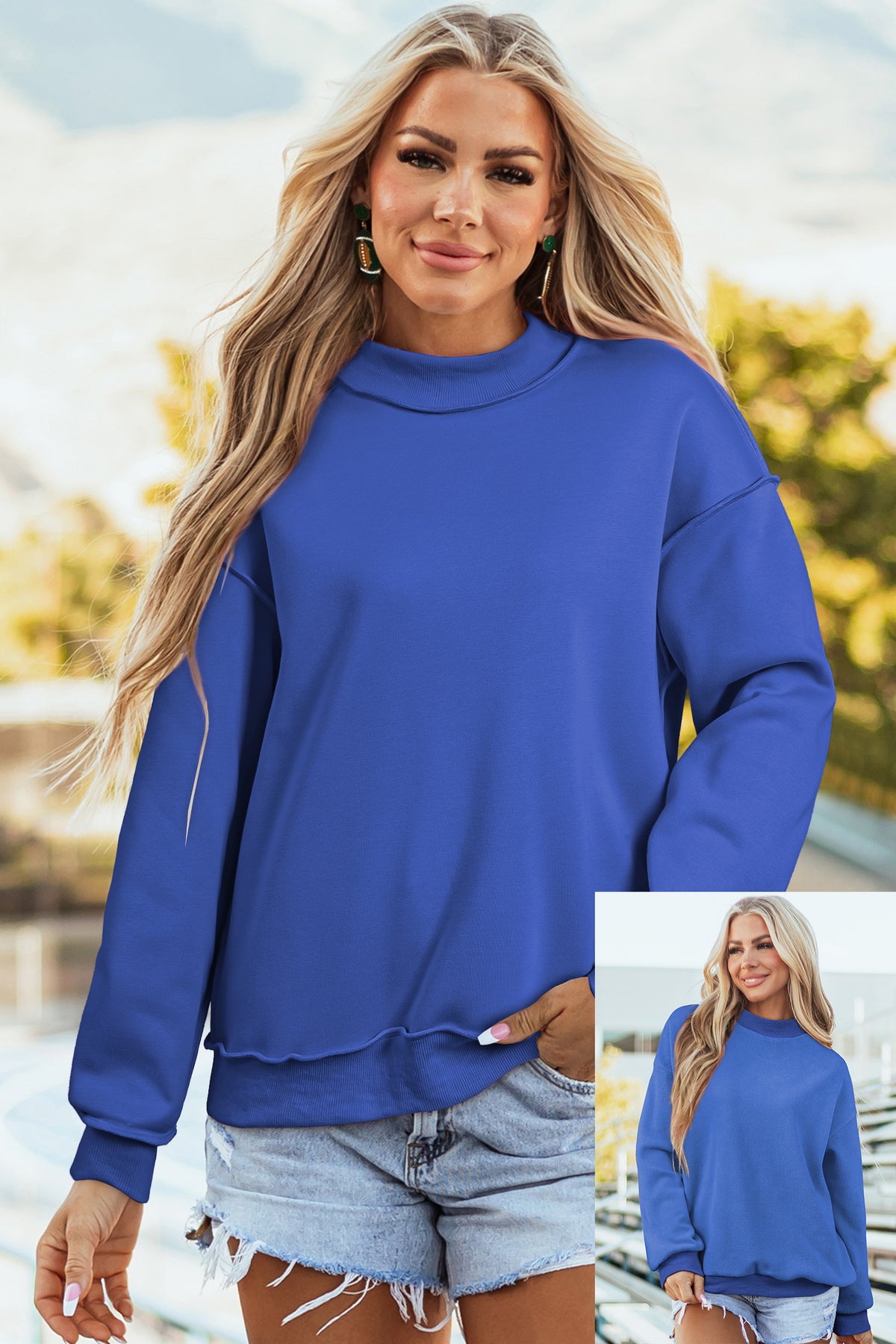 Bluing Oversize Drop Shoulder Reversible Mock Neck Sweatshirt