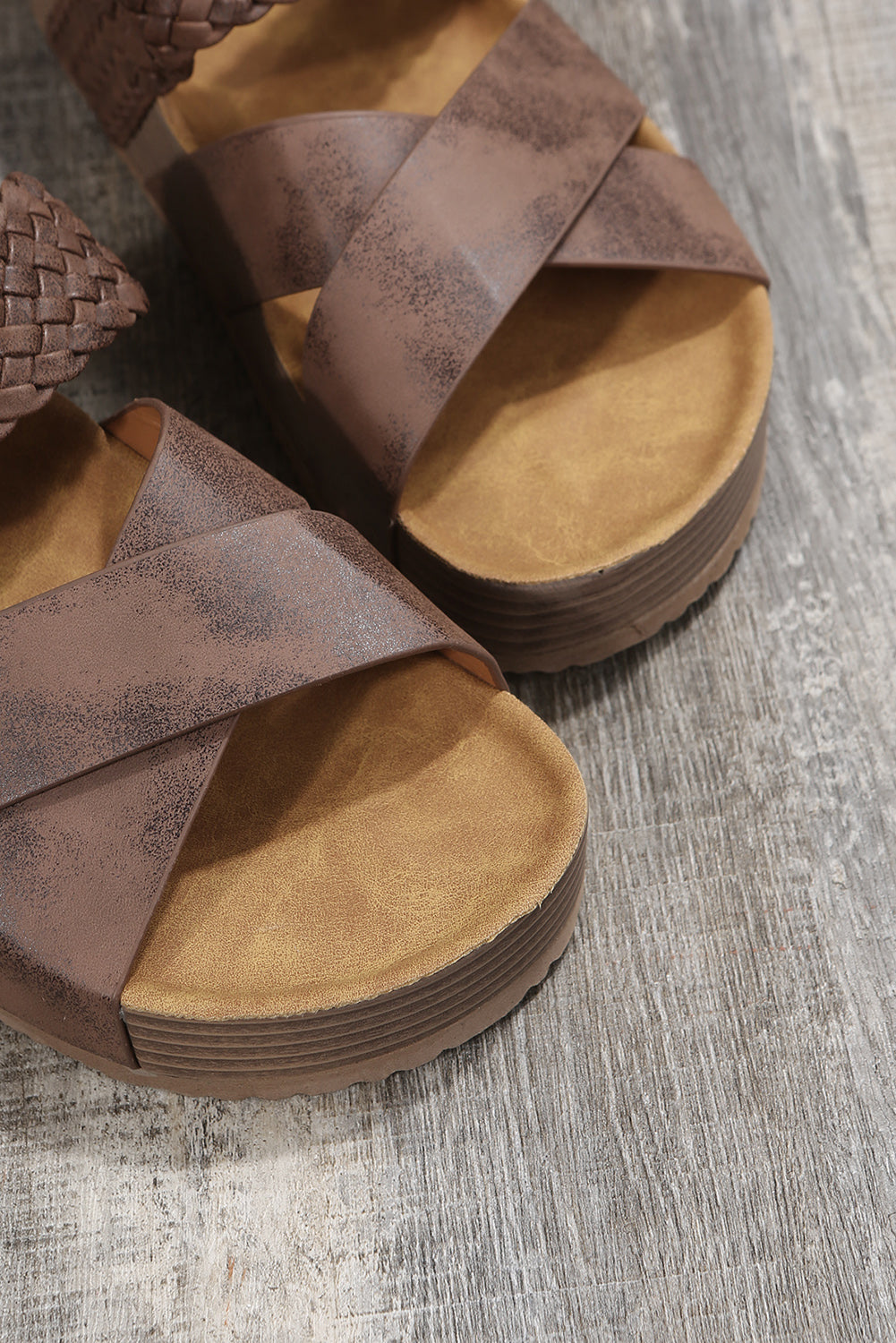 Brown Braided Detail Criss Cross Platform Slippers Shoes &amp; Bags/Slippers