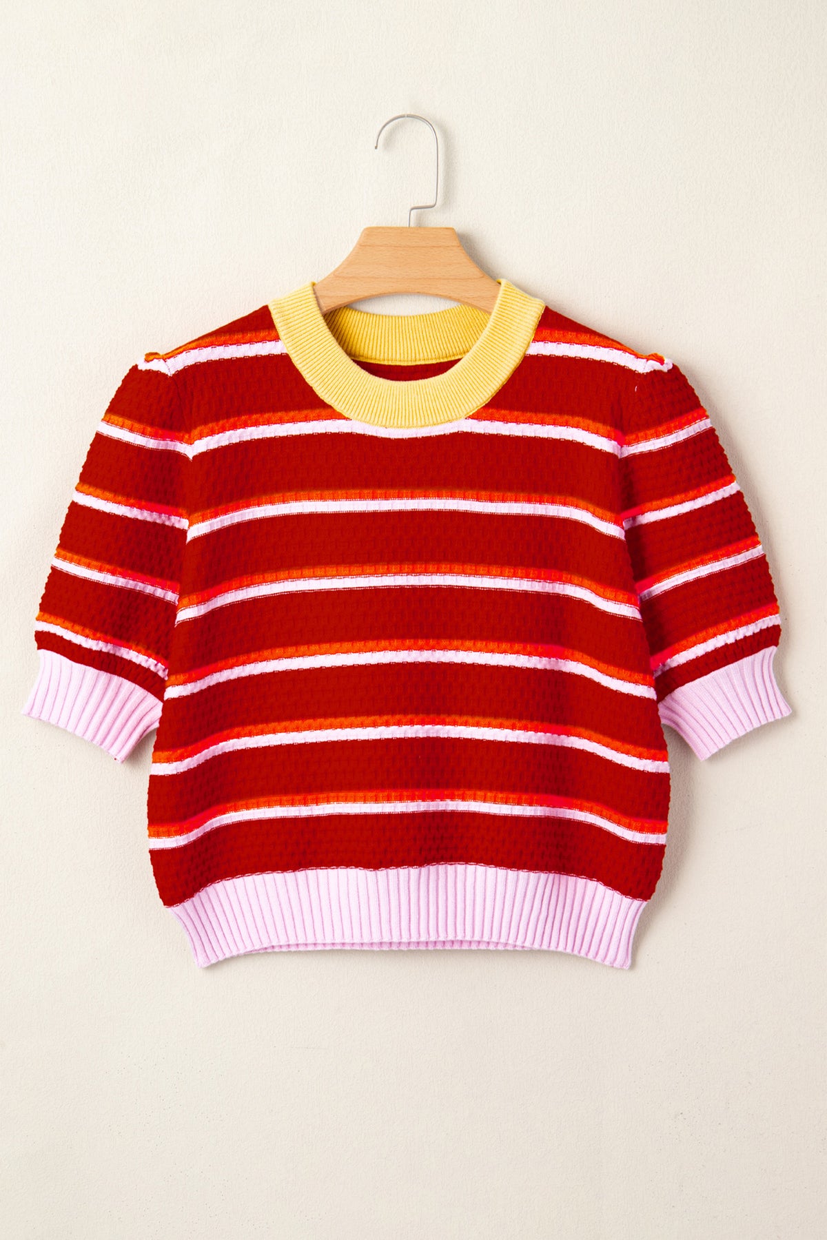 Red Stripe Colorblock Trim Half Sleeve Sweater Top