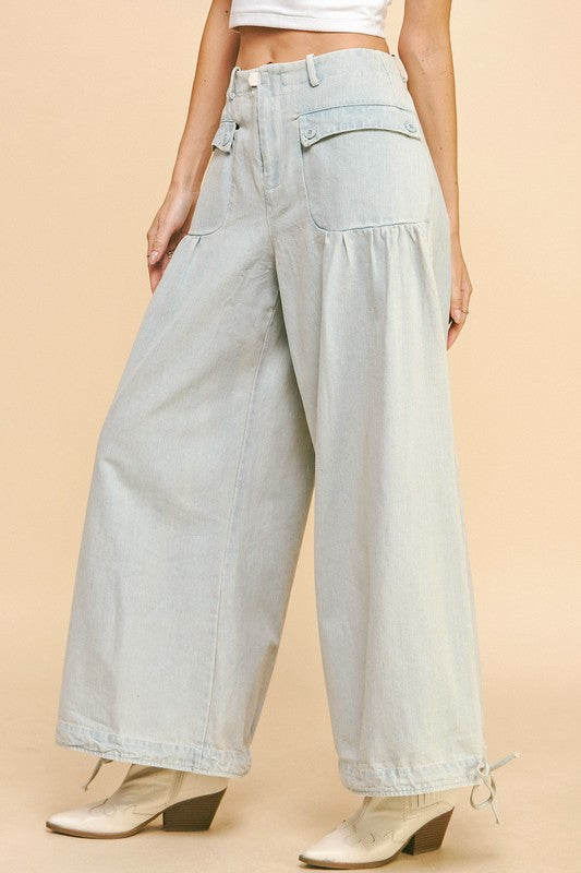 Davi &amp; Dani Drawstring Hem Wide Leg Mid Rise Jeans