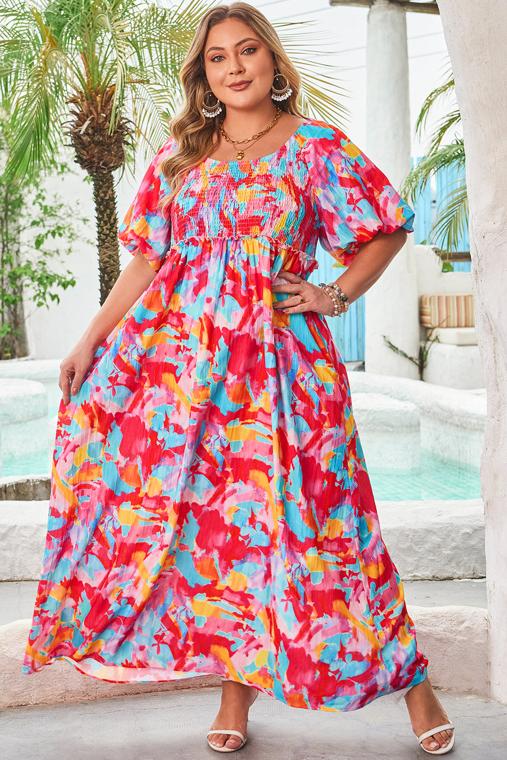 Rose Abstract Printed Puff Sleeve Square Neck Smocked Bust Tied Back Plus Size Dress