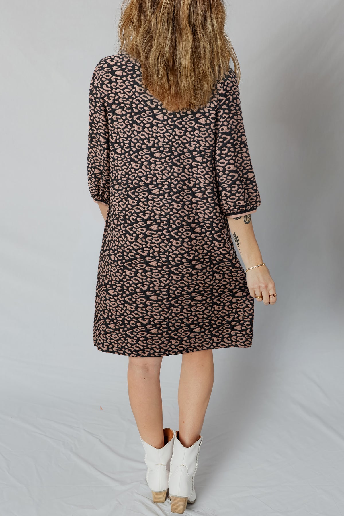 Black Leopard Print Bubble Sleeve Shift Mini Dress