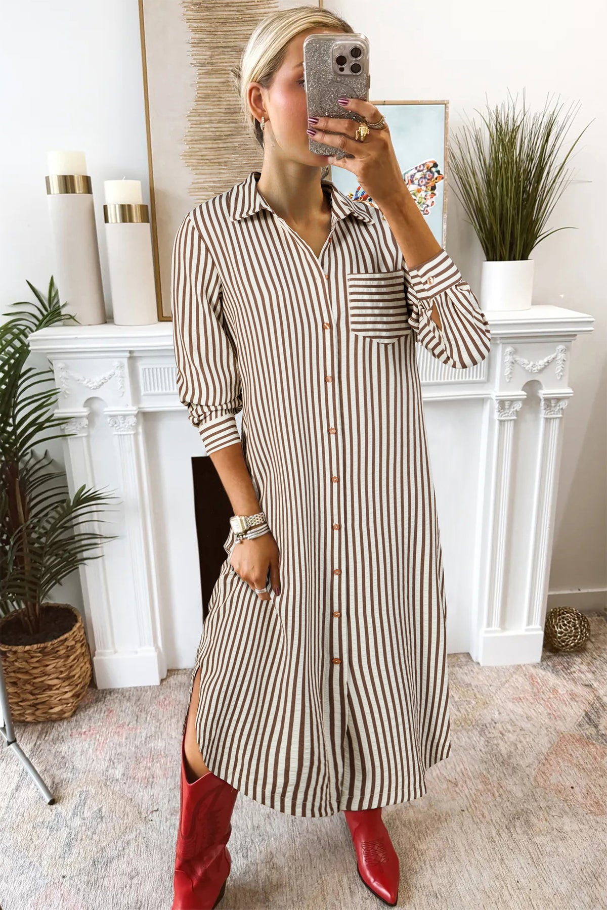 Brown Stripe Textured 3/4 Sleeve Round Hem Split Midi Shirt Dress