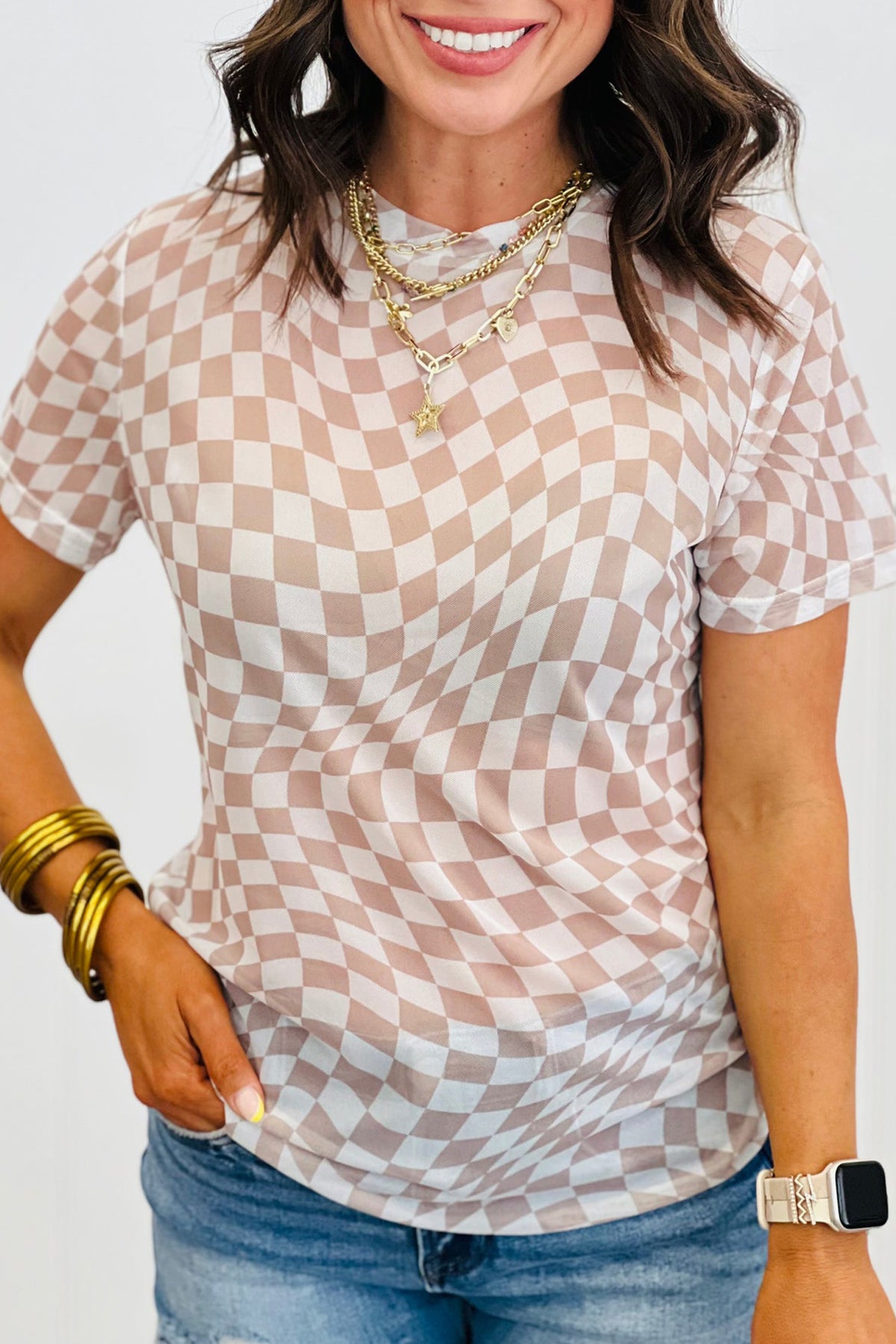 Khaki Checkered Print Mock Neck Mesh T Shirt