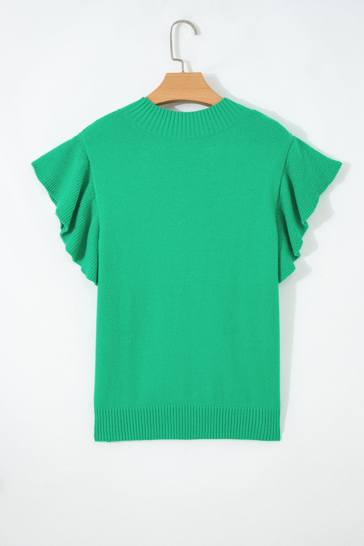 Beau Blue Solid Color Ribbed Trim Round Neck Ruffle Short Sleeve Sweater