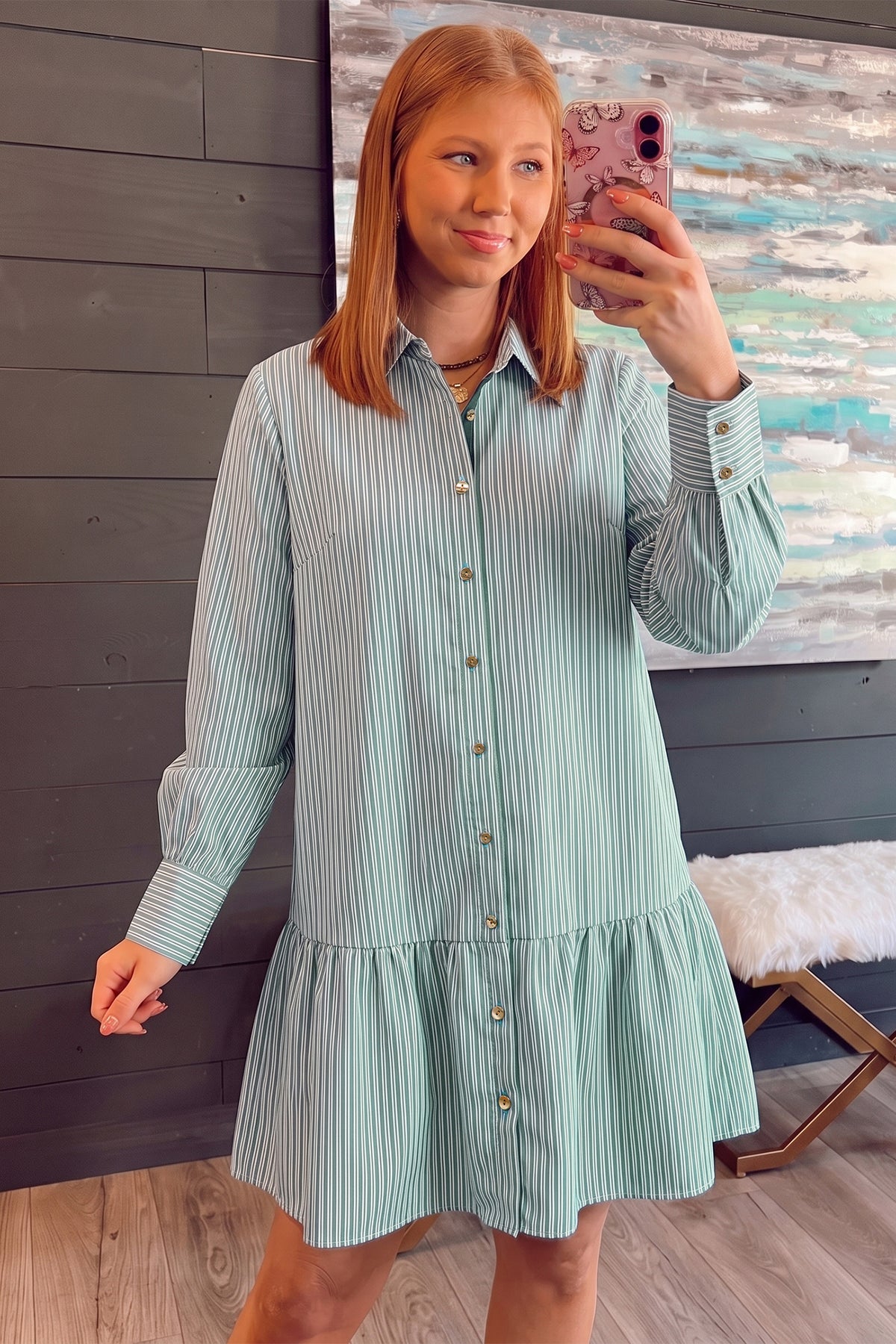 Green Stripe Striped Shift Long Sleeve Dress