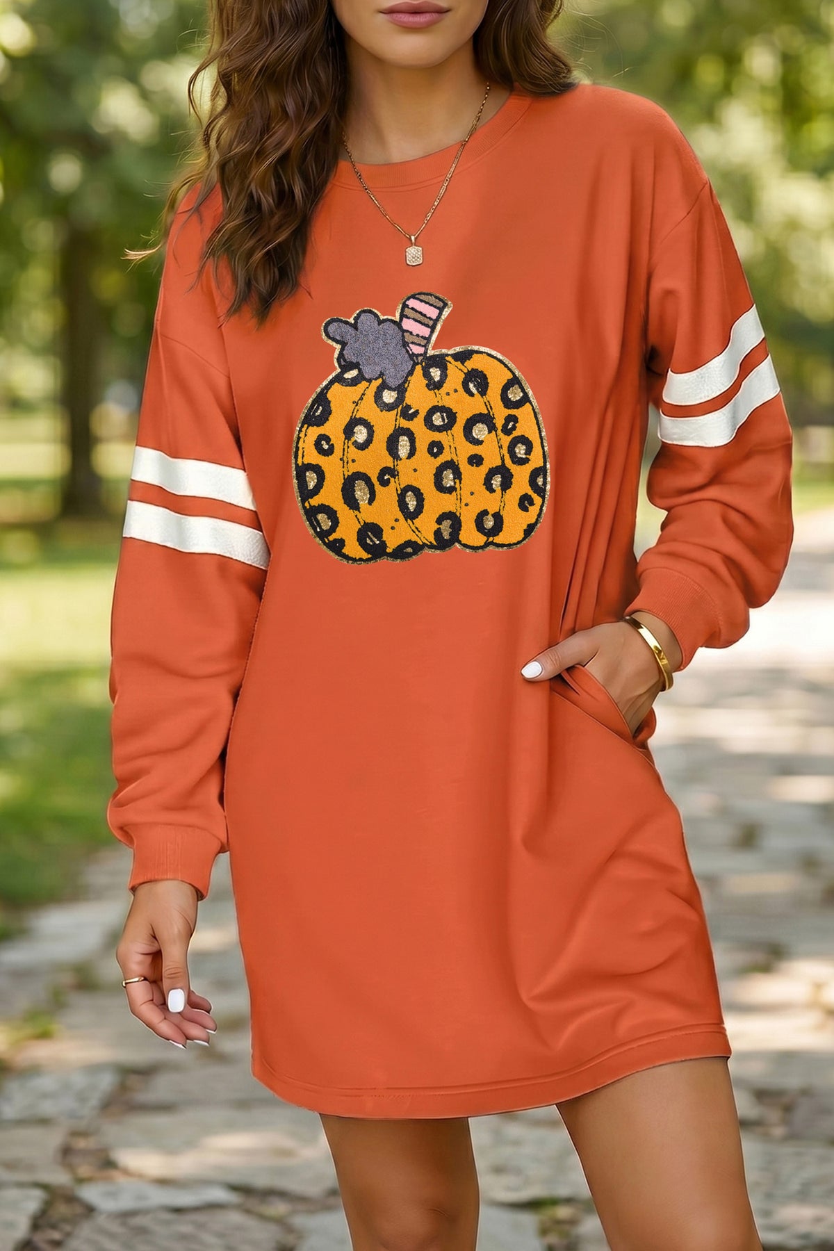 Orange Leopard Print Pumpkin Graphic Varsity Striped Long Sleeve Tunic Dress