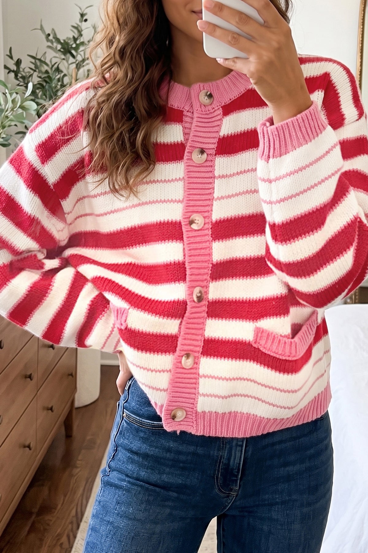 Red Stripe V Neck Long Sleeve Regular Fit Cardigan