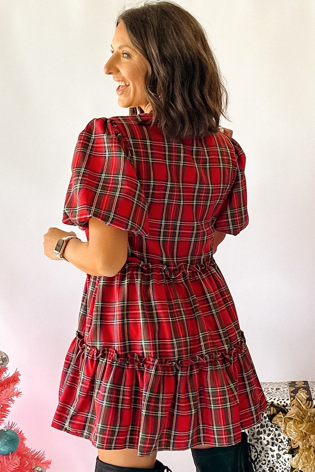 Red Plaid Knot Neck Short Sleeve Mini Shift Dress