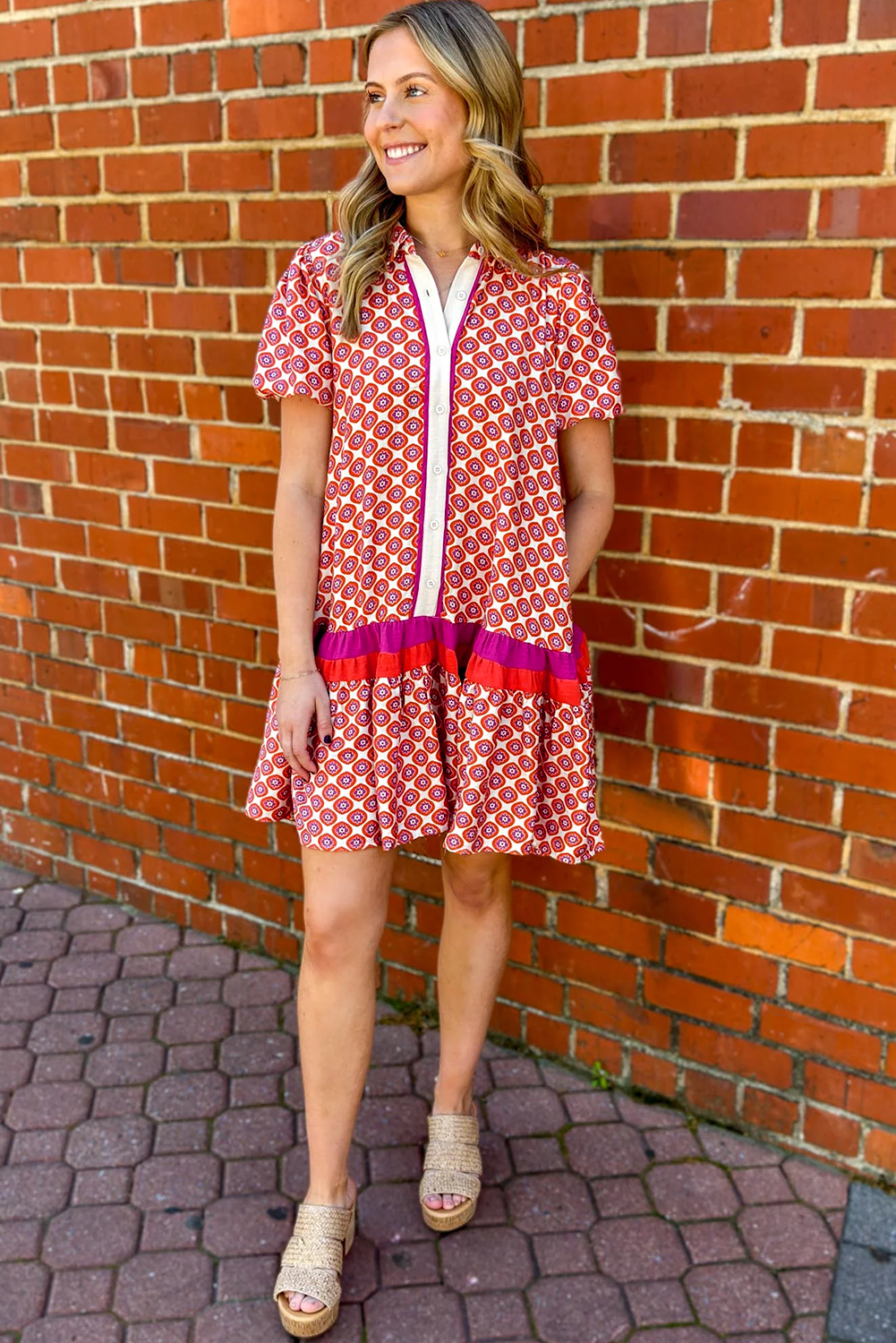 Orange Geometric Floral Print Color Block Trim Button Front Ruffle Hem Dress