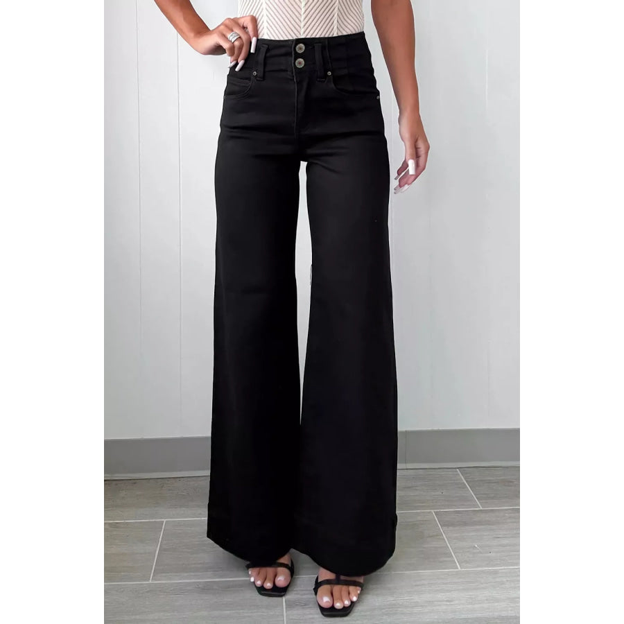 2-Button High Waist Flared Bottom Jeans Black / 4 Apparel and Accessories