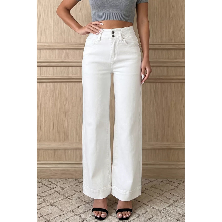 2-Button High Waist Wide Leg Jeans White / 4 Apparel and Accessories