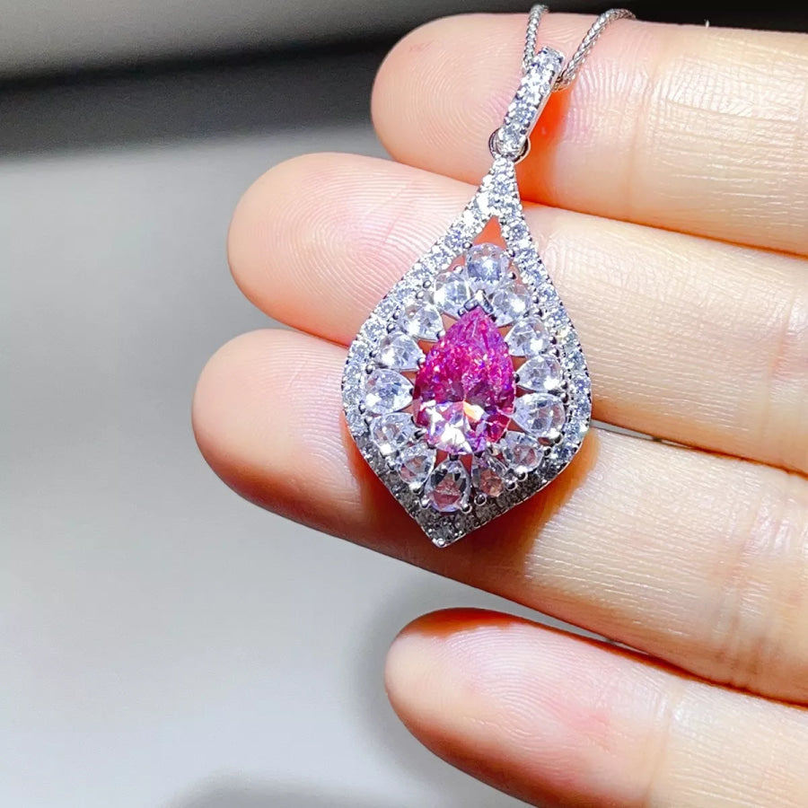 2 Carat 925 Sterling Silver Moissanite Pendant Necklace Hot Pink / One Size Apparel and Accessories