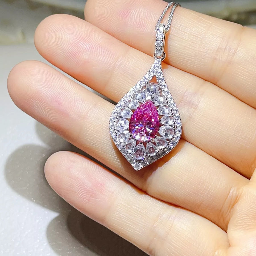 2 Carat 925 Sterling Silver Moissanite Pendant Necklace Hot Pink / One Size Apparel and Accessories
