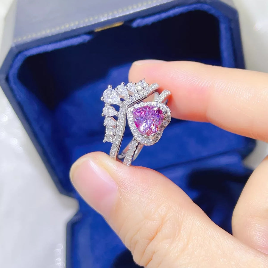 2 Carat Moissanite 925 Sterling Silver Ring Set Pink Purple / 4.5 Apparel and Accessories