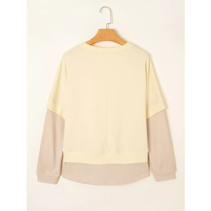 2 in 1 Faux Two Piece Patchwork Round Neck Sweatshirt Apparel and Accessories