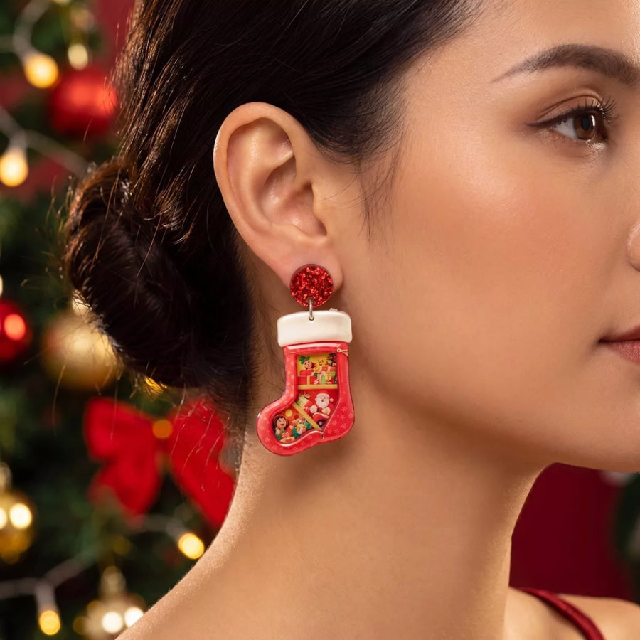 2 Pair Christmas Tree and Stocking Dangle Earrings Set Red / onesize Apparel Accessories