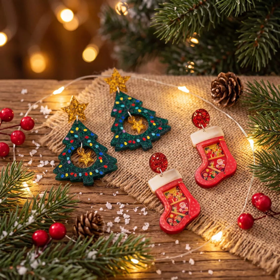 2 Pair Christmas Tree and Stocking Dangle Earrings Set Red / onesize Apparel Accessories