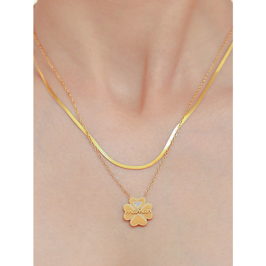 2 Piece 18K Gold-Plated Inlaid Zircon Lucky Clover Necklace Gold / One Size Apparel and Accessories