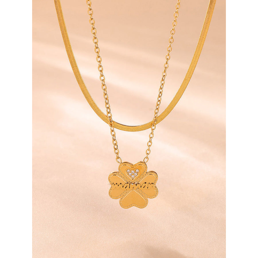 2 Piece 18K Gold-Plated Inlaid Zircon Lucky Clover Necklace Gold / One Size Apparel and Accessories