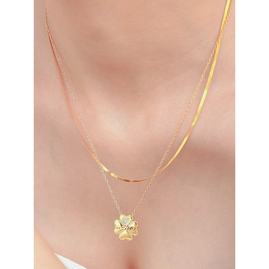 2 Piece 18K Gold-Plated Inlaid Zircon Lucky Clover Necklace Gold / One Size Apparel and Accessories