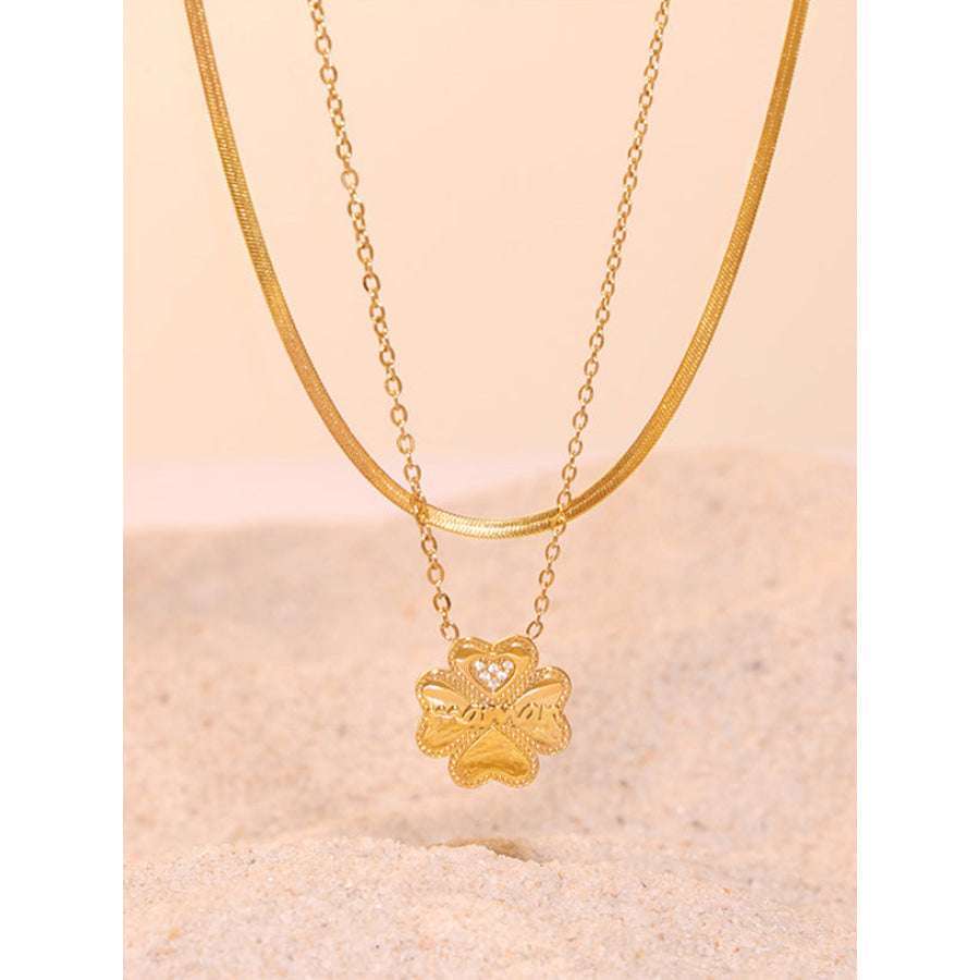 2 Piece 18K Gold-Plated Inlaid Zircon Lucky Clover Necklace Gold / One Size Apparel and Accessories