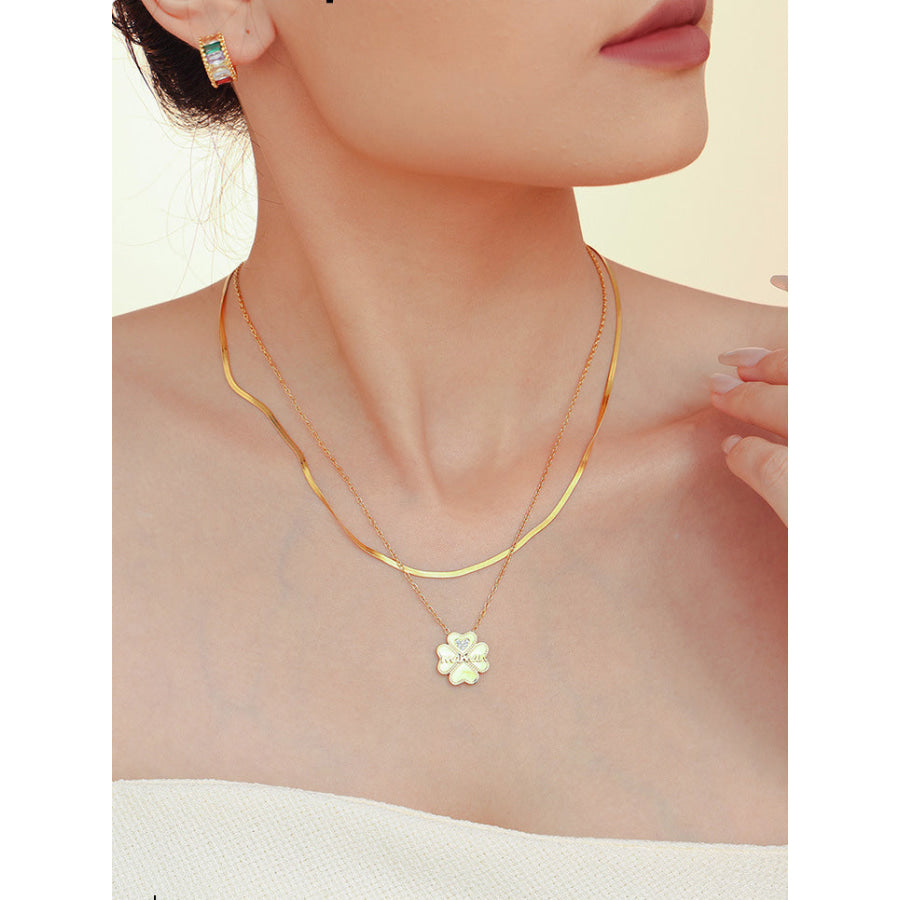 2 Piece 18K Gold-Plated Inlaid Zircon Lucky Clover Necklace Gold / One Size Apparel and Accessories