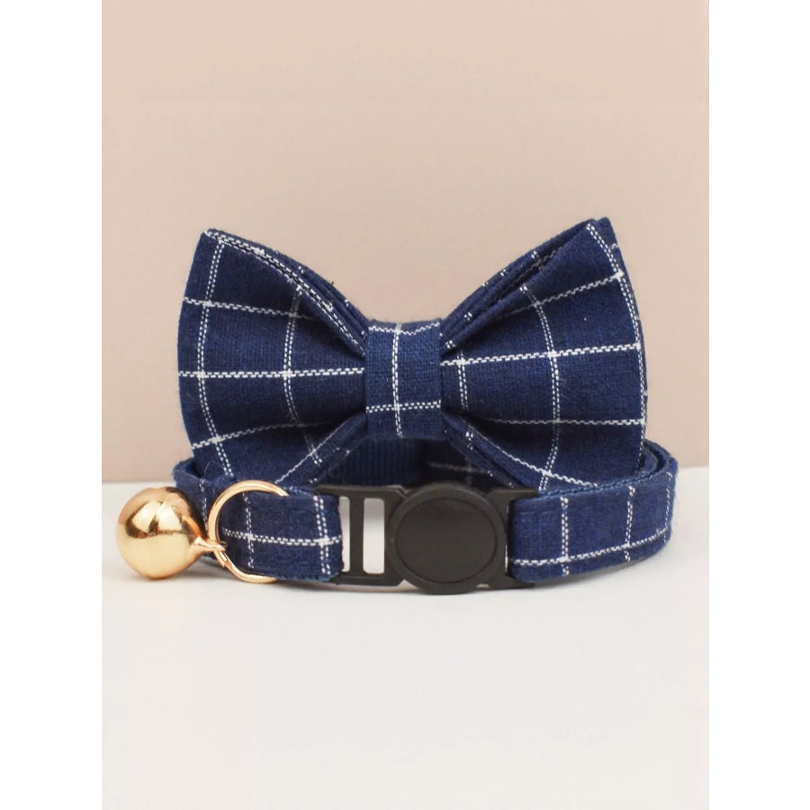 2 Piece Bow Tie Pet Collar with Bell Navy Blue Plaid / S Apparel and Accessories