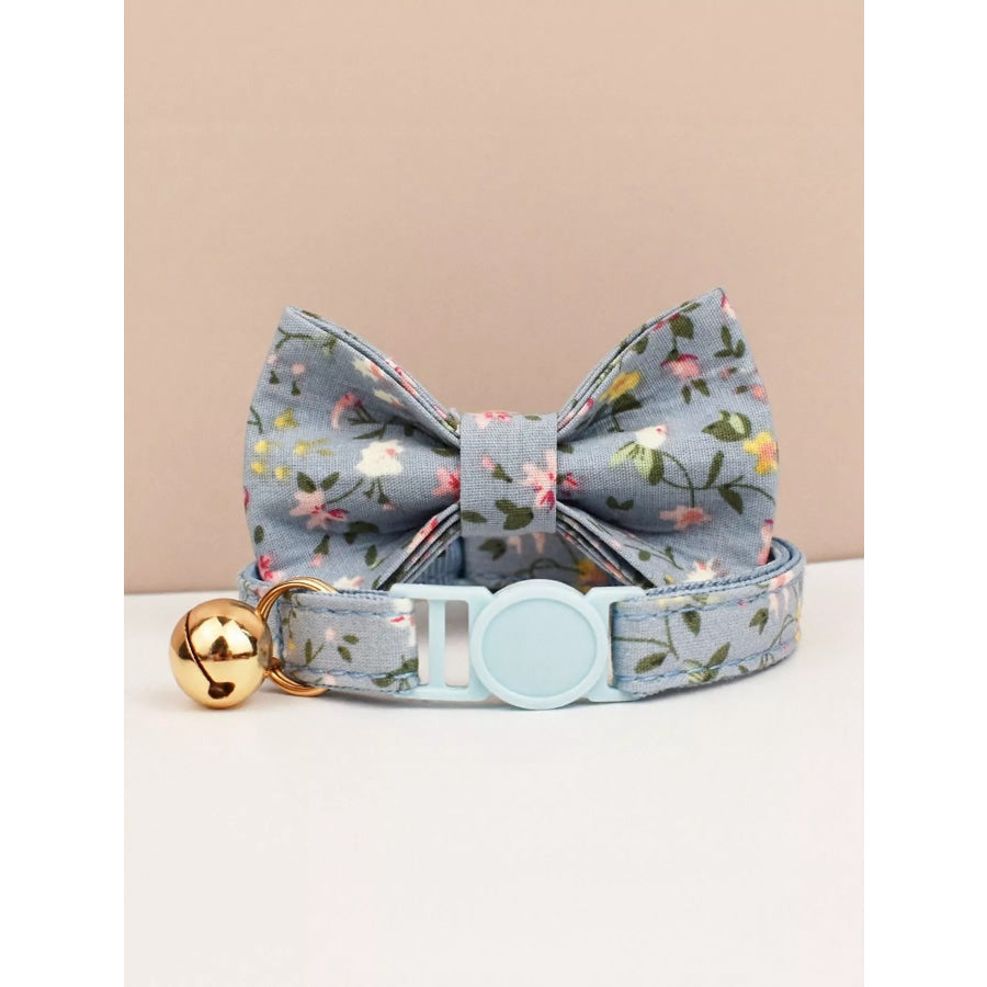 2 Piece Bow Tie Pet Collar with Bell Nordic Blue Flower / S Apparel and Accessories