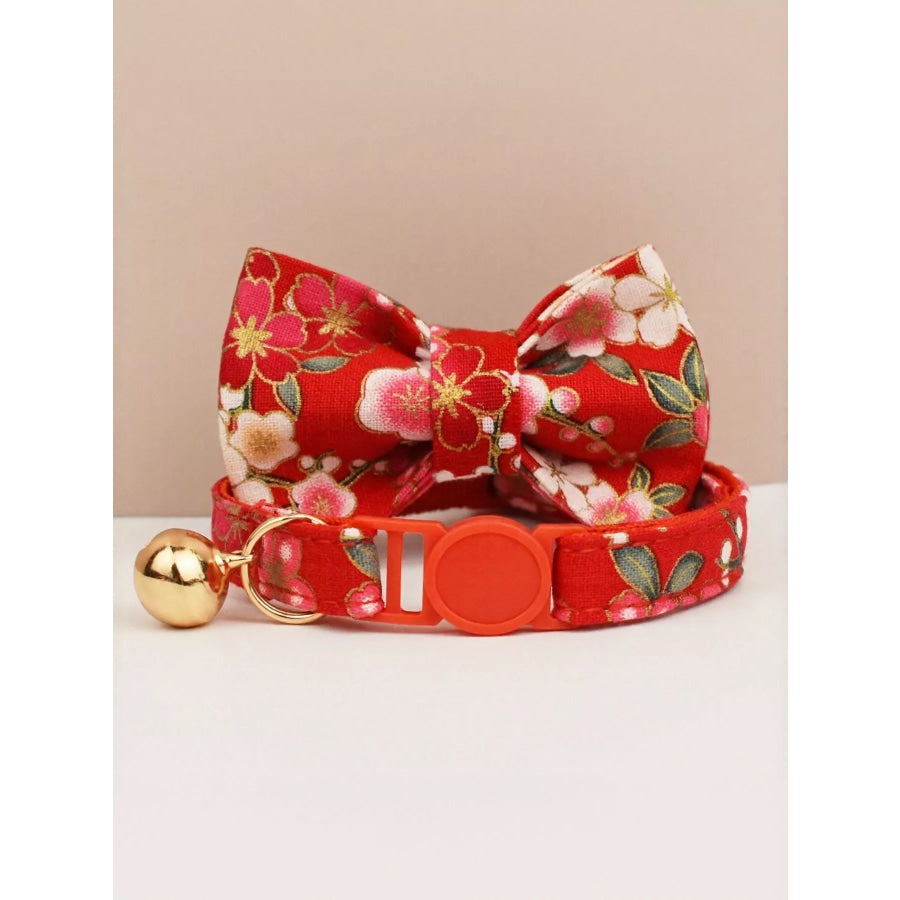 2 Piece Bow Tie Pet Collar with Bell Red Flower / S Apparel and Accessories