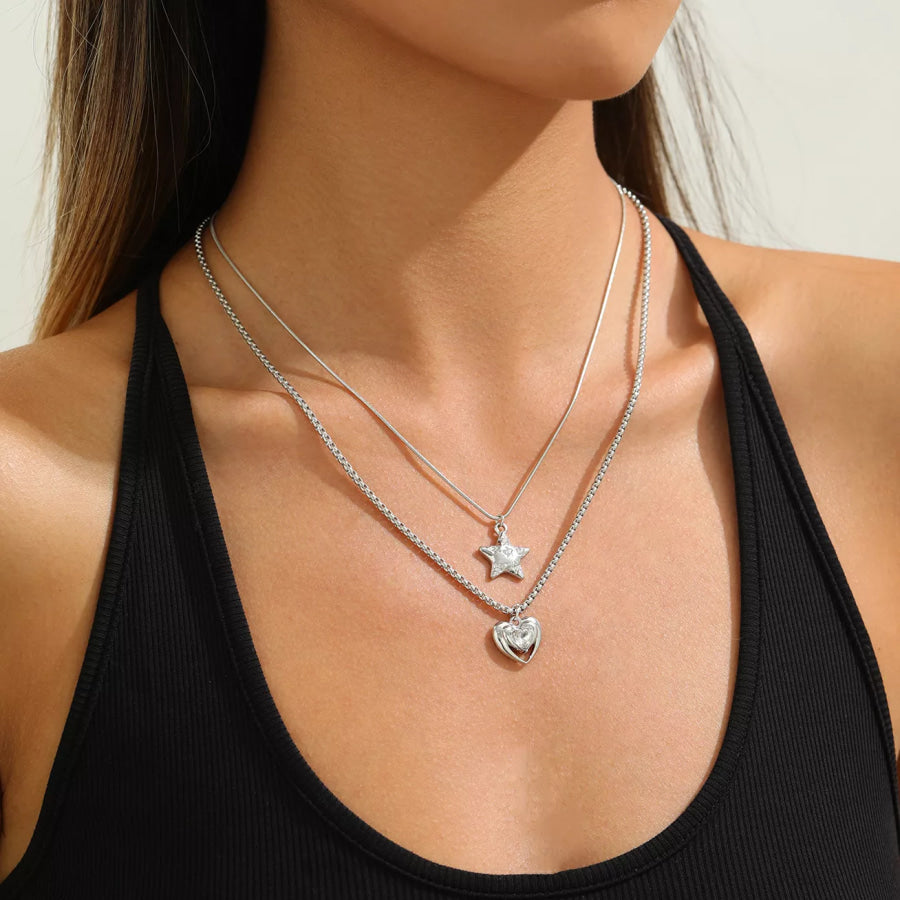 2-Piece Star and Heart Pendant Necklace Silver / onesize Apparel and Accessories