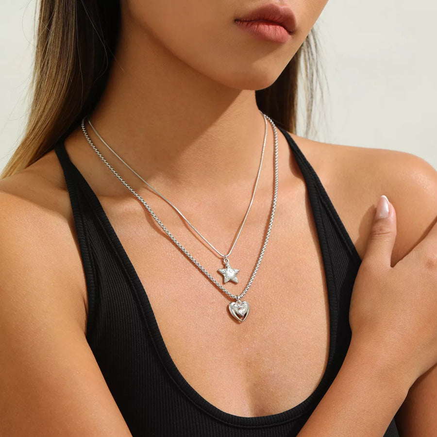 2-Piece Star and Heart Pendant Necklace Silver / onesize Apparel and Accessories
