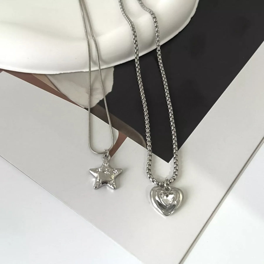 2-Piece Star and Heart Pendant Necklace Silver / onesize Apparel and Accessories