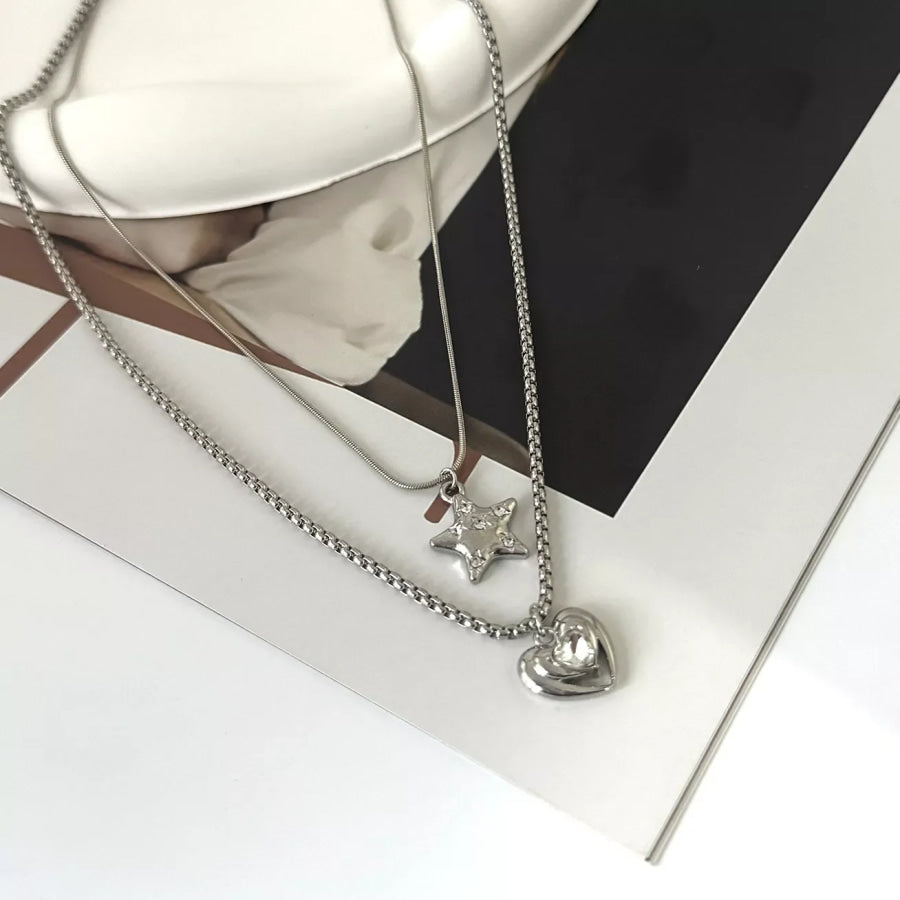 2-Piece Star and Heart Pendant Necklace Silver / onesize Apparel and Accessories