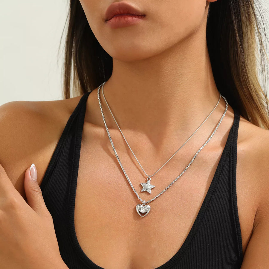 2-Piece Star and Heart Pendant Necklace Silver / onesize Apparel and Accessories