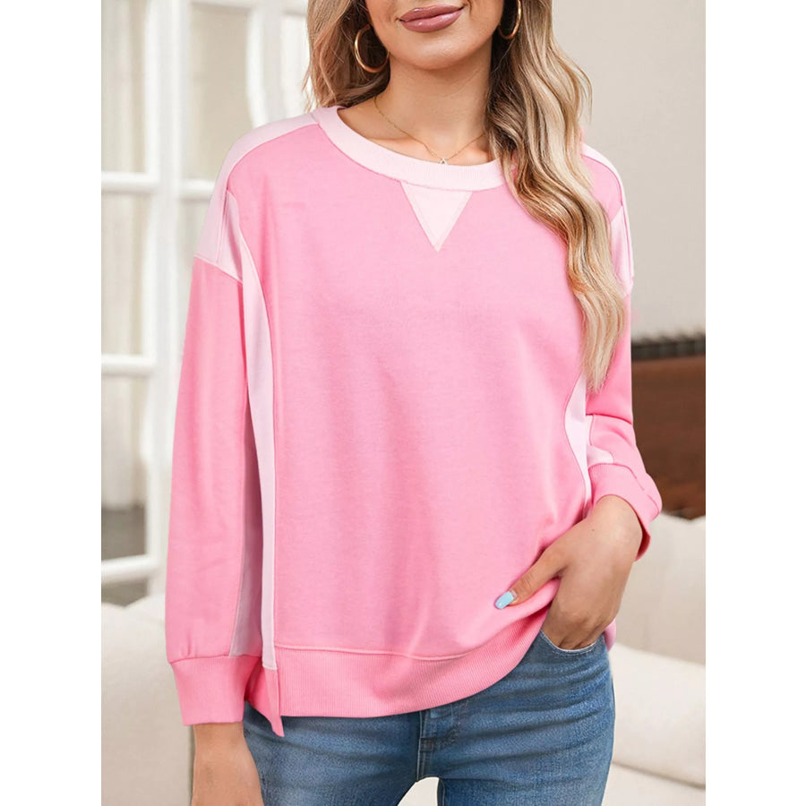 2-tone Color Block Patchwork Drop Shoulder Sweatshirt Pink / S Apparel and Accessories