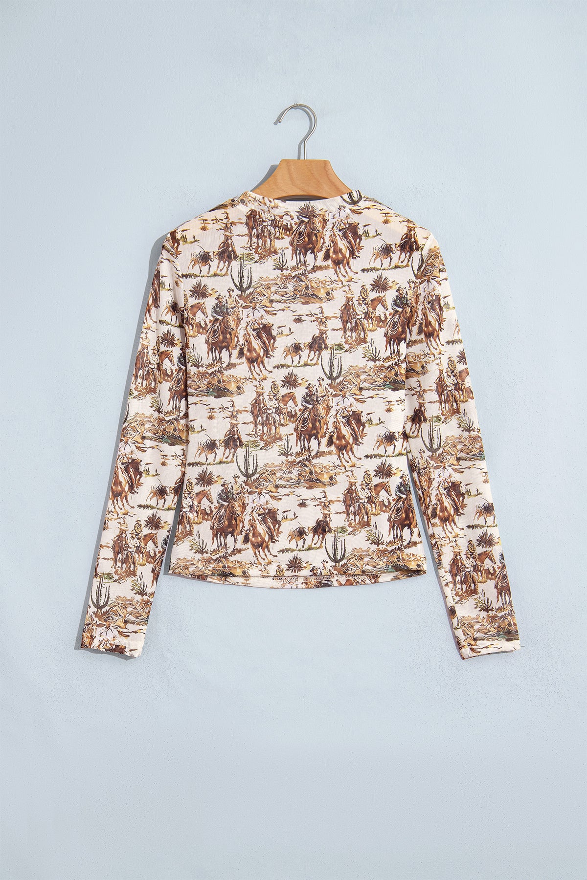 Beige Western Cowboy Floral Print Sheer Mesh Long Sleeve Top
