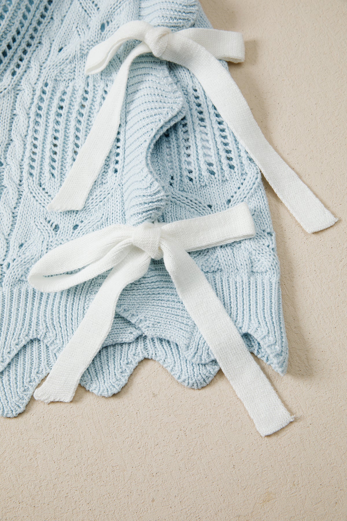 Bonbon Pointelle Knit Patterned Scalloped Trim Short Sleeve Sweater