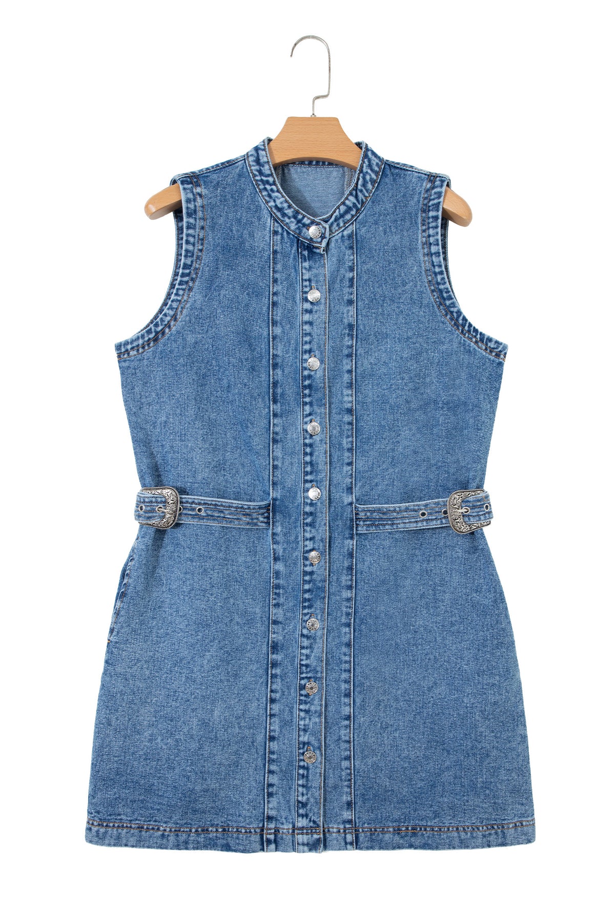 Myosotis Western Belt Button Down Sleeveless Denim Short Dress