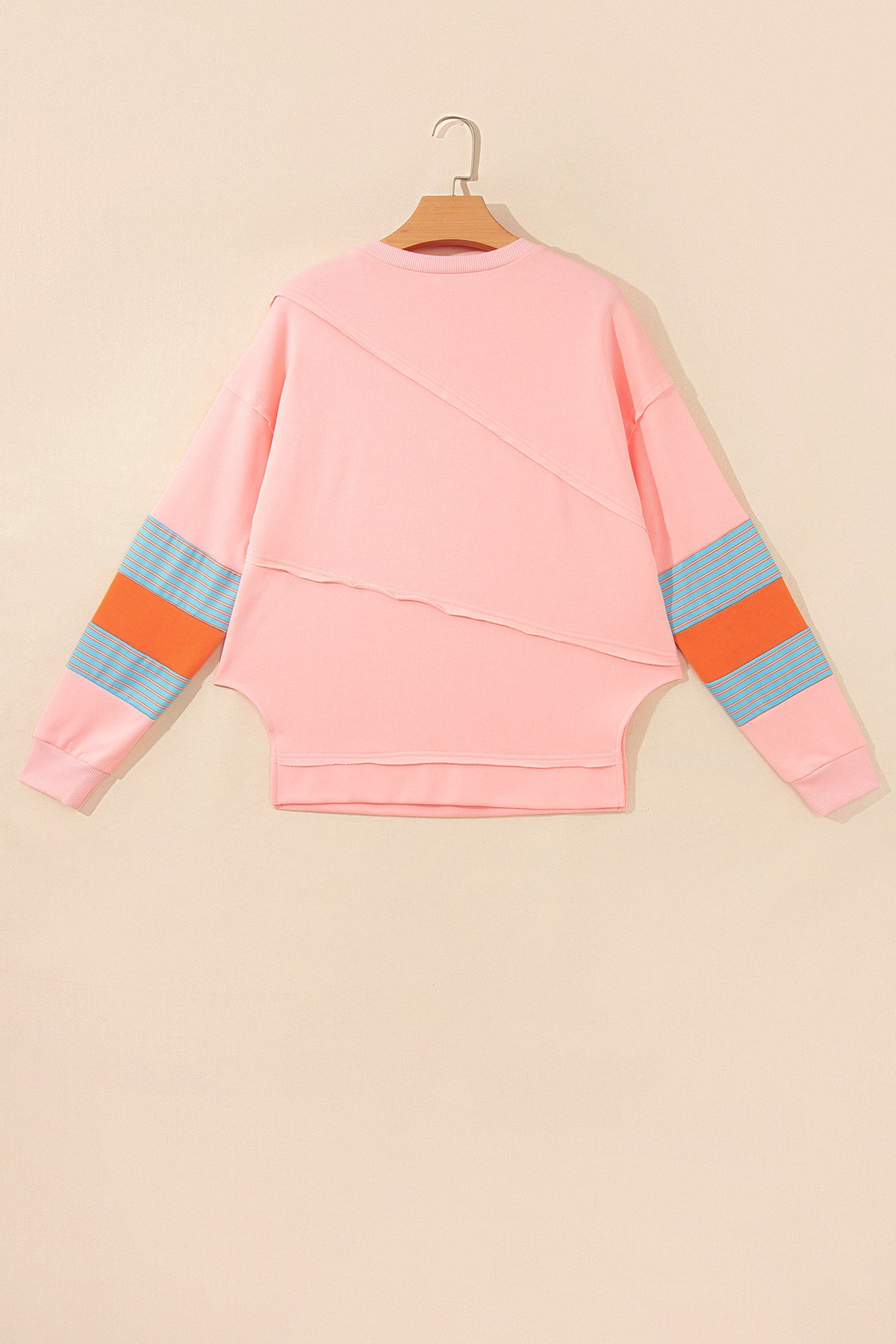 Pink Colorblock Striped Patchwork Long Sleeve Round Neck Blouse