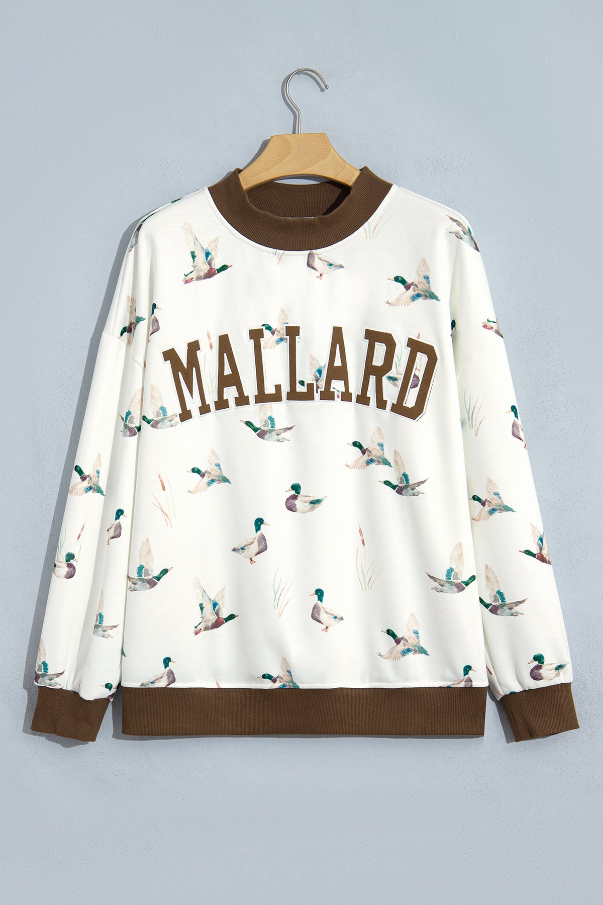 Beige Western Mallard Letter Print Baggy Pullover Sweatshirt
