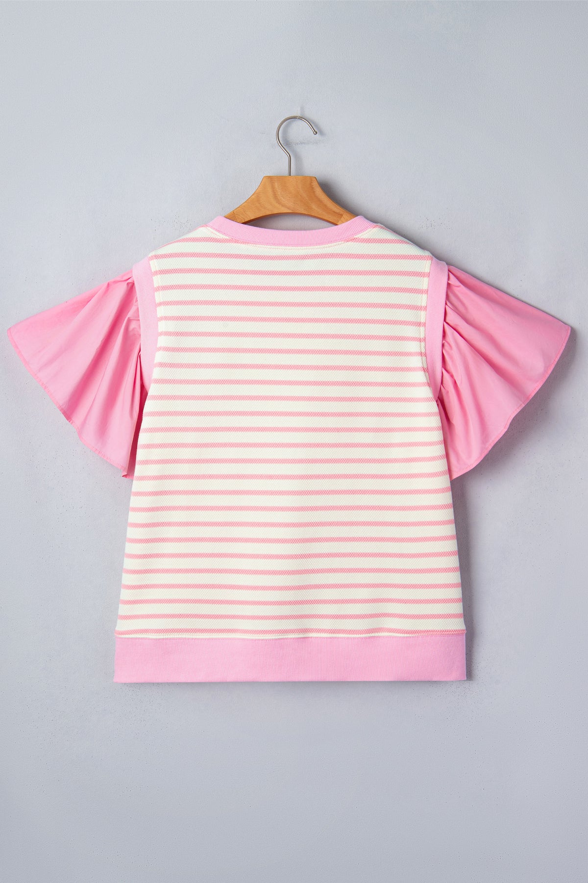 Pink Stripe Ruffled Short Sleeve Patchwork Blouse