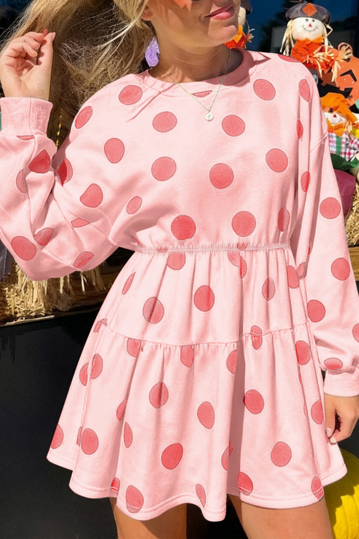 White Polka Dot Printed Long Sleeve Flared Mini Dress