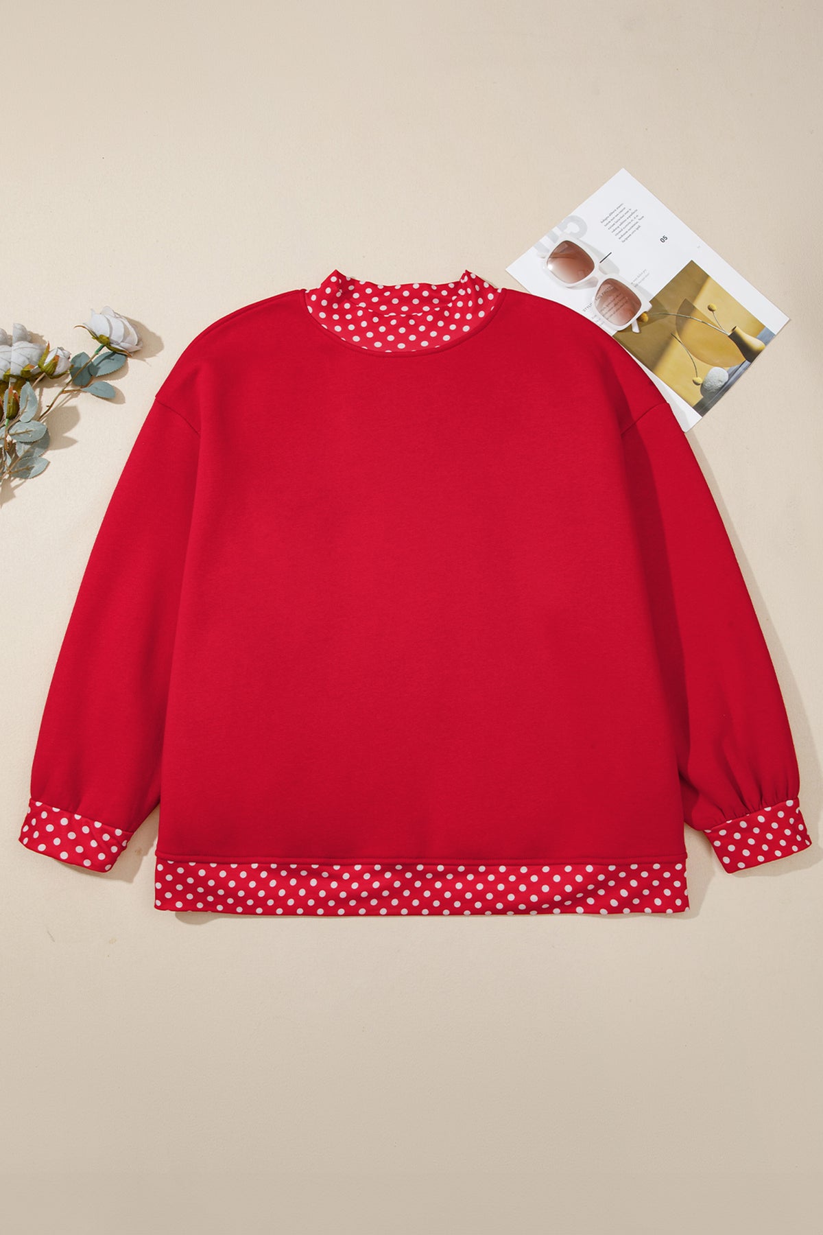 Racing Red Polka Dot Patchwork Round Neck Plus Size Sweatshirt