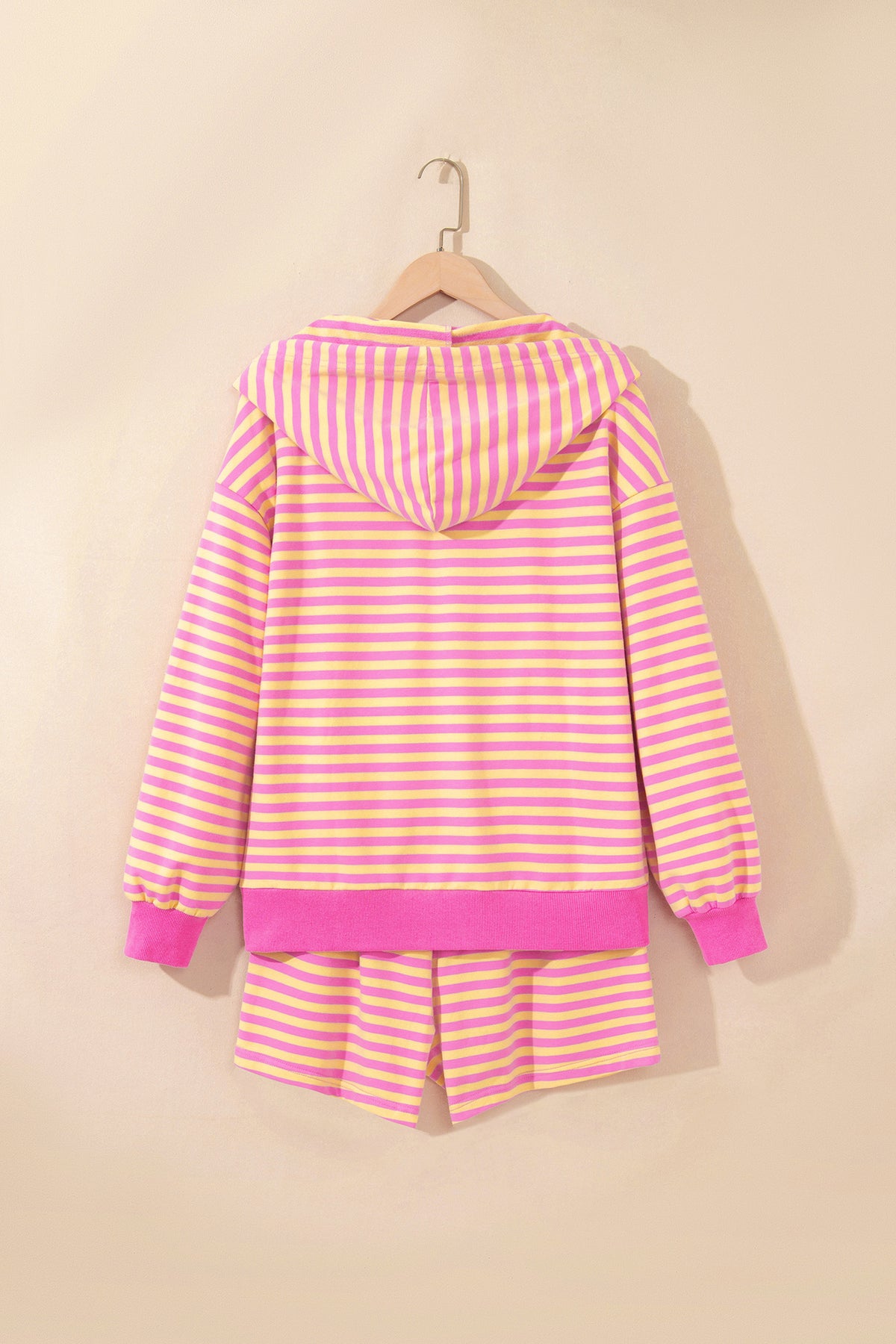 Rose Red Striped Long Sleeve Zip-Up Hoodie Drawstring Elastic Waist 2pcs Short Set