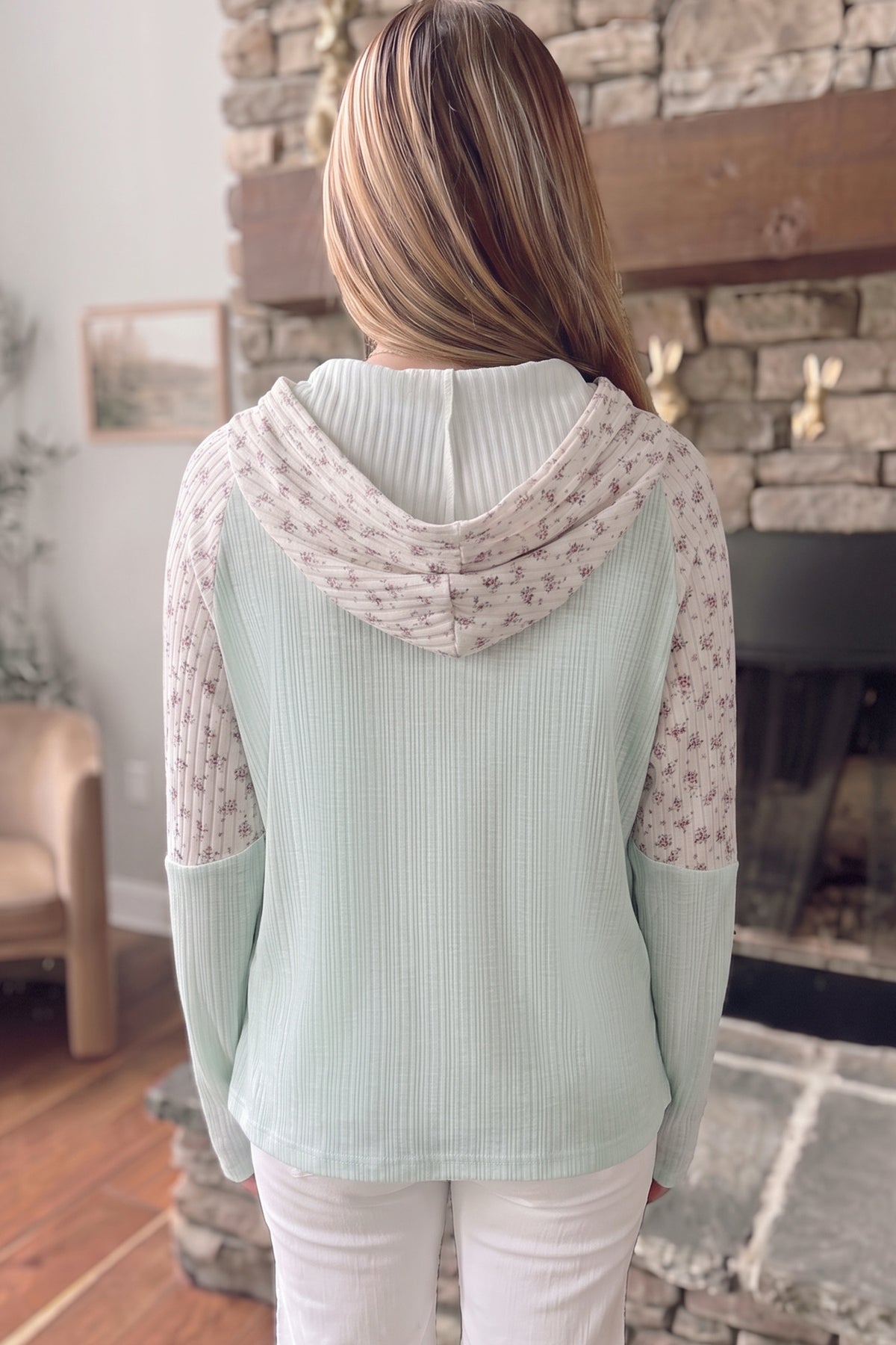 Clearly Aqua Textured Floral Patchwork Button Hooded Long Sleeve Top