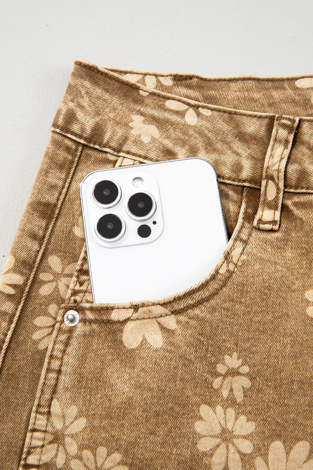 Khaki Floral Print Metal Button Pleated Straight Leg Jeans