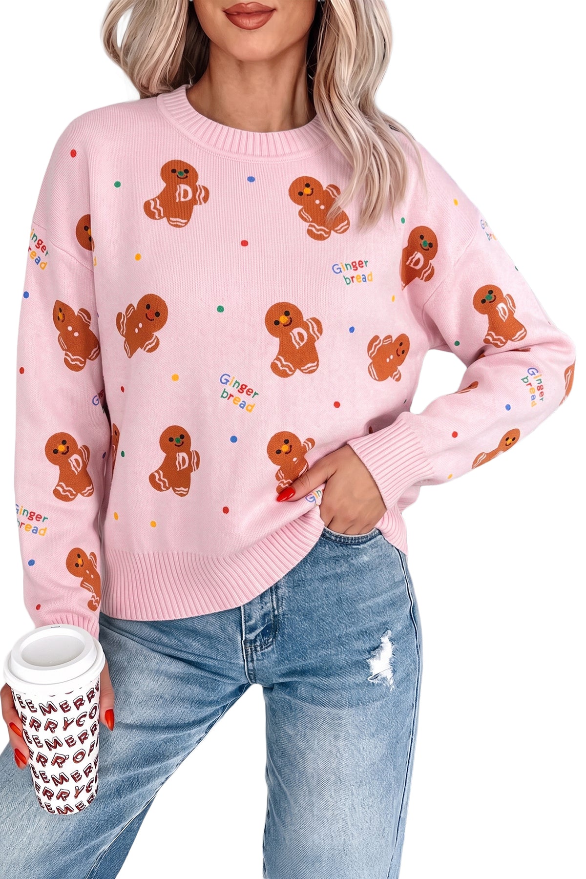 Pink Festive Gingerbread Pattern Long Sleeve Round Neck Sweater